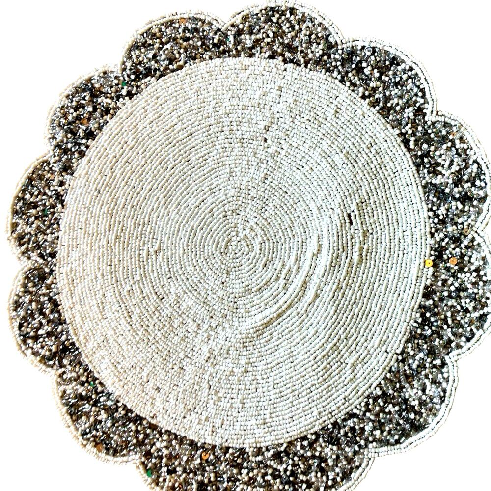 Tahari Heavily Beaded Round Placemat Silver Glass White Sequins Wedding Holiday